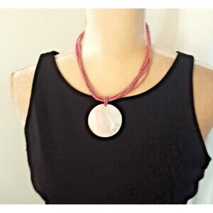 Vintage 5 Strand Seed Bead Necklace Pearlized Shell Pendant 20" Beachy